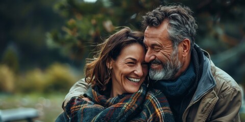 Obraz premium Happy Mature Couple Embracing in a Park: Middle-Aged Man and Woman Enjoying Outdoor Conversations and Smiling Together, Representing Love, Unity, and a Joyful Lifestyle in a Natural Setting, High-Reso