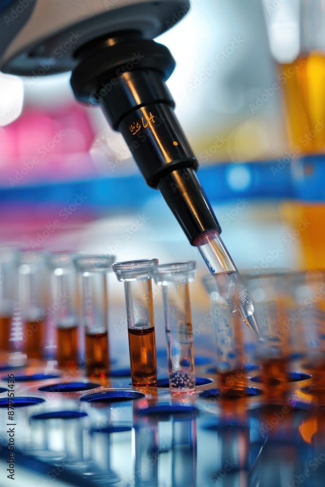 Poster a lab with many test tubes and a syringe being used to fill them. the tubes are filled with differen