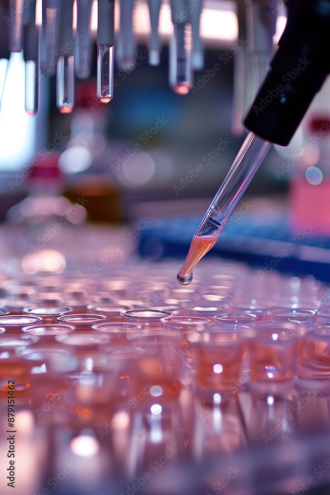 Aufkleber a lab with many test tubes and a syringe being used to fill them. the tubes are filled with differen