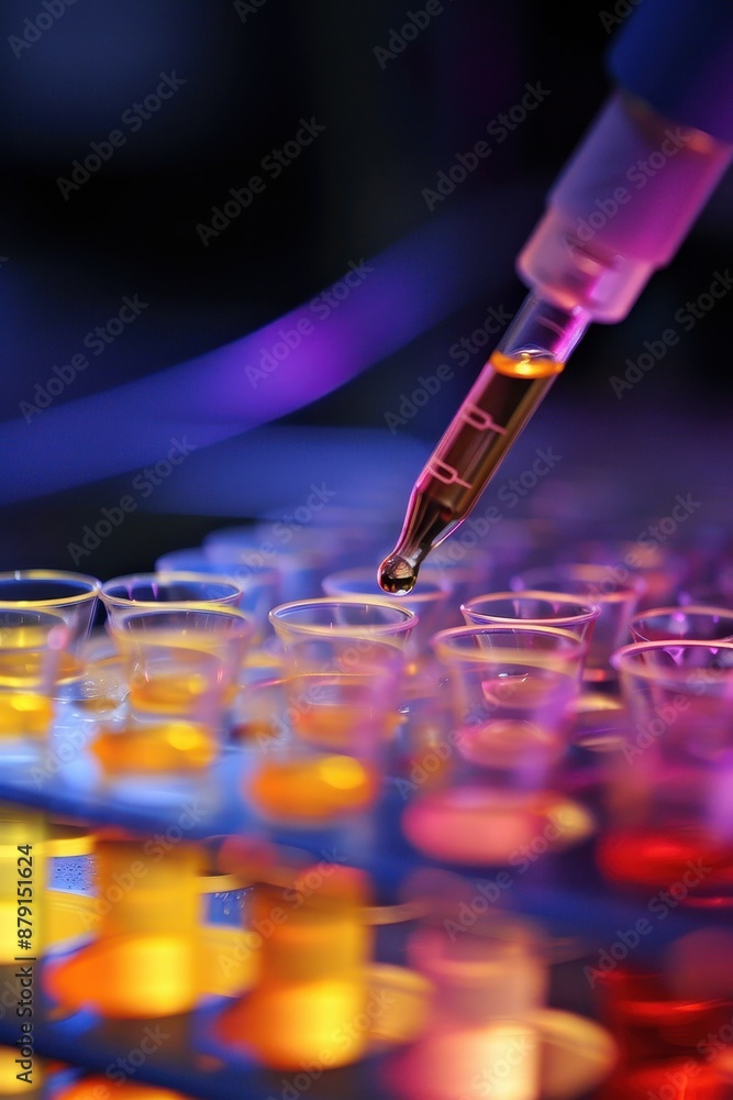 Poster a lab with many test tubes and a syringe being used to fill them. the tubes are filled with differen