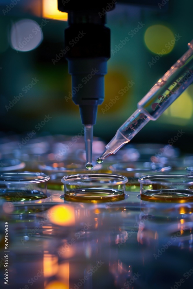 Poster a lab with many test tubes and a syringe being used to fill them. the tubes are filled with differen