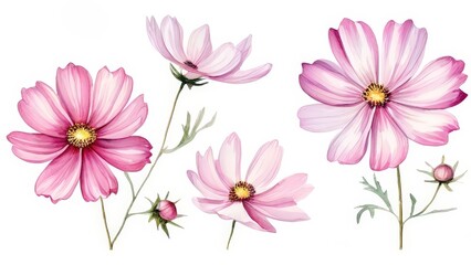 Pink Cosmos Flowers Watercolor Illustration.