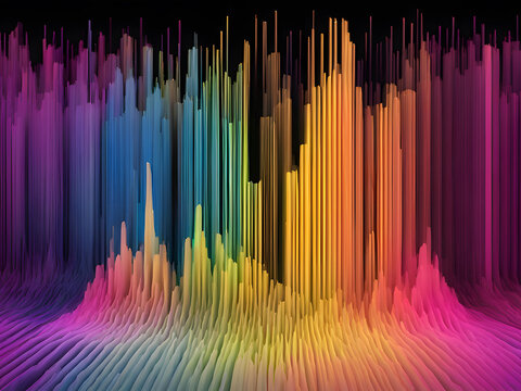 Dimensional Harmony: 3D Audio Spectrum. Innovative frame featuring a 3D spectrogram with vibrant frequency bands and instrument silhouettes, ideal for music production and audio engineering visuals.