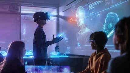 A futuristic classroom where a human teacher and an AI assistant engage with students. Equipped with interactive holograms and advanced learning tools, the AI assistant helps students understand