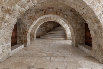 Majestic stone archway leading to a grand staircase