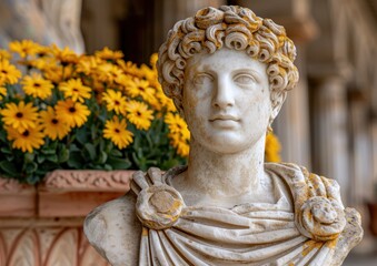ancient greek statue with yellow flowers