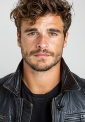 Obraz premium Handsome man with curly hair and beard wearing a leather jacket