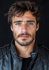 Fototapeta premium Rugged man with piercing green eyes and messy brown hair