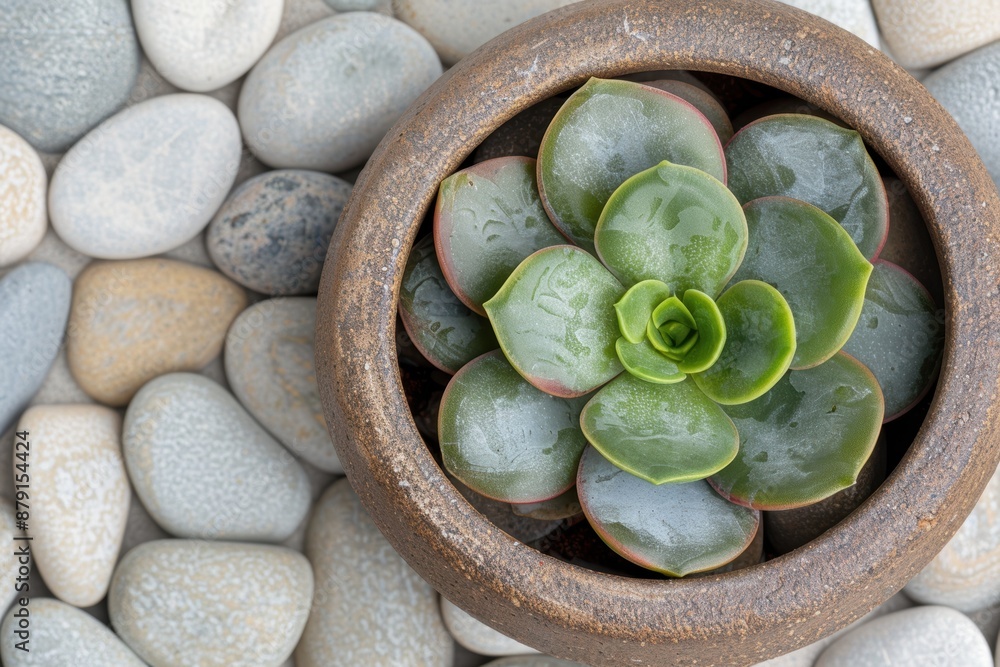 Canvas Prints Succulent plant in wooden bowl on pebbles