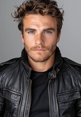 Obraz premium Handsome man with curly hair wearing black leather jacket