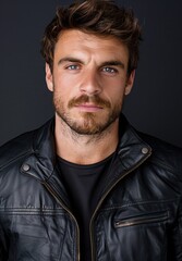 Fototapeta premium Handsome man with beard wearing leather jacket