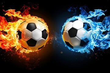 Naklejka premium Two Soccer Balls On Fire And Blue Flames, Realistic 3D Illustration On Black Background