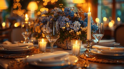 Elegant dining table setting with fine china and candlelight, perfect for dining and hospitality themes