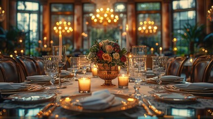 Elegant dining table setting with fine china and candlelight, perfect for dining and hospitality themes