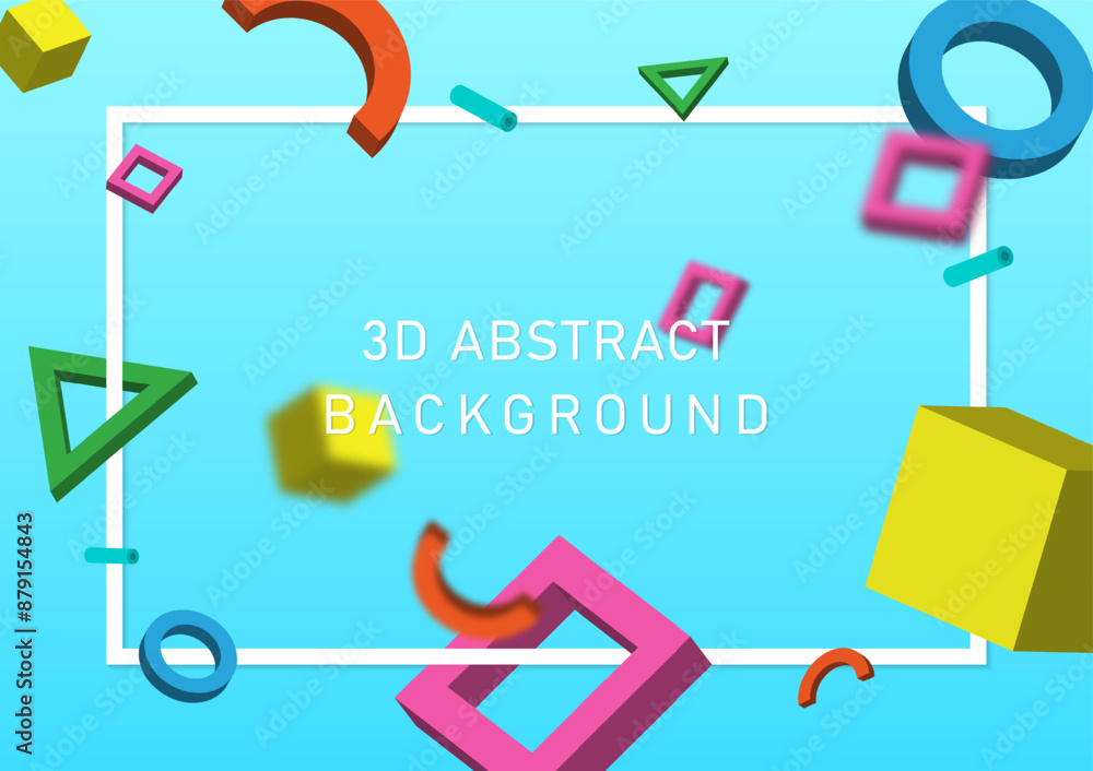 Poster 3d abstract background many geometric shapes and colors center has frame with white letters and shin