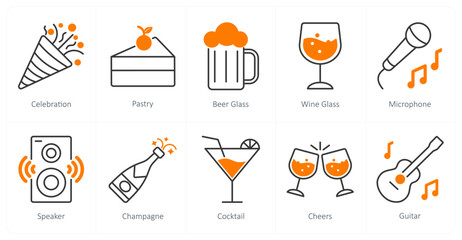 A set of 10 Party and Celebration icons as celebration, pastry, beer glass