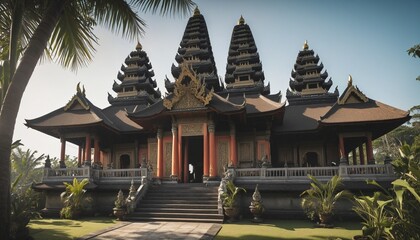 Illustration in watercolor style with a serene balinese temple 