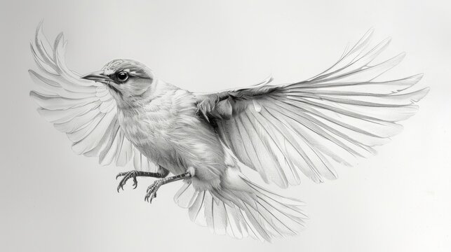 Simple pencil drawing of Simple outline of a bird soaring in the sky.