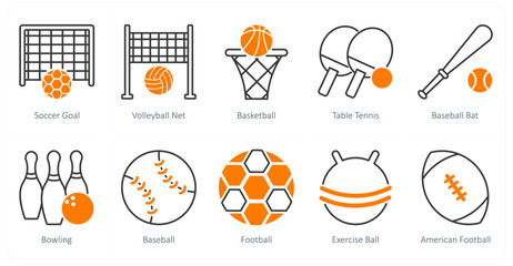 A set of 10 Sports and Fitness icons as soccer goal, volleyball net, basket ball