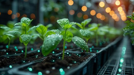 Close-up view of young seedlings growing in a greenhouse, with water droplets on the leaves.