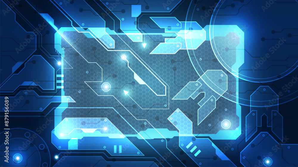 Poster abstract technology chip processor background circuit board and code, illustration blue technology b