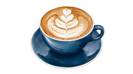 A blue coffee cup with steam rising from it sits on a white plate