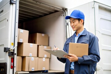 Asian Male Worker Organizing Delivery Truck

