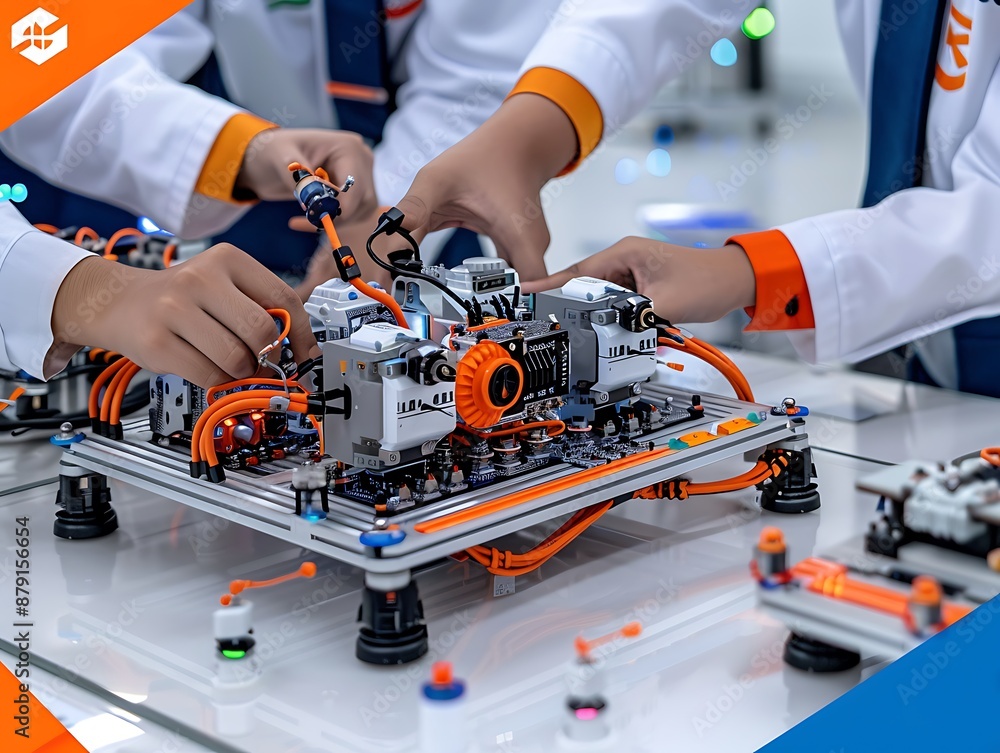 Poster close-up of students' hands assembling a robotics project, vibrant and detailed elements, modern lab