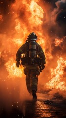 A brave and handsome Korean firefighter, risking his life, urgently sprints towards the massive flames at the intense fire scene, captured in a full-body shot from behind