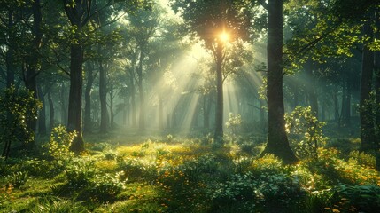 Obraz premium Peaceful forest scene with misty morning light filtering through trees, ideal for nature themes