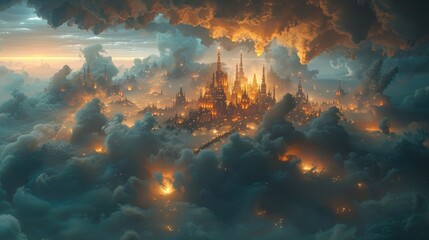 Fototapeta premium Surreal digital artwork of a floating cityscape in the clouds, combining fantasy and futuristic elements