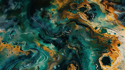 Abstract art with swirling colors of green, blue, gold and white.