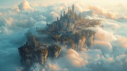 Surreal digital artwork of a floating cityscape in the clouds, combining fantasy and futuristic elements