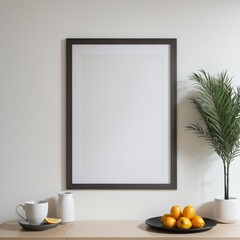Mock up poster frame in kitchen interior with white wall background