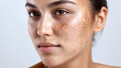 Close-up attractive young woman face with pigmentation skin, melasma (hyperpigmentation caused by hormonal changes) or freckles ( flat skin spots usually caused by genetics and exposure to the sun)