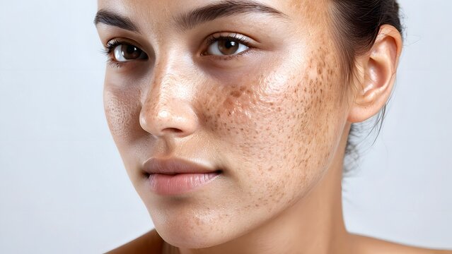 Close-up attractive young woman face with pigmentation skin, melasma (hyperpigmentation caused by hormonal changes) or freckles ( flat skin spots usually caused by genetics and exposure to the sun)