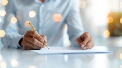 Close-up of a person's hands writing on a piece of paper with a pen, sitting at a desk. The background is blurry with bokeh lights.