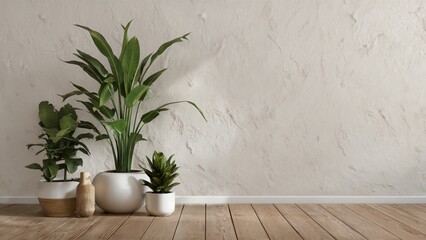 Modern interior with potted plants on wooden floor

