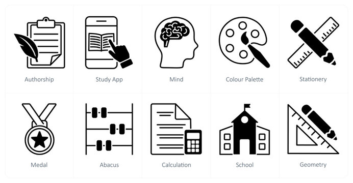 A set of 10 School and Education icons as authorship, study app, mind