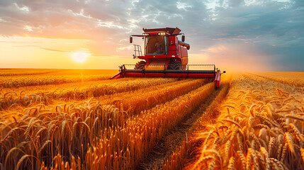 Fototapeta premium Modern agricultural machinery harvesting golden wheat fields at sunset, showcasing advanced farming techniques and rural landscape.