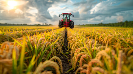 Red tractor in a golden wheat field during sunset, showcasing modern agriculture and farming technology under a cloudy sky.