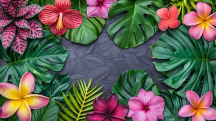 Tropical flowers and leaves border a gray background, creating a vibrant and lush frame.