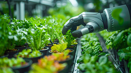 A robotic hand tending to green plants in an indoor hydroponic farm, representing the integration of technology in agriculture.