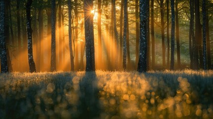 Obraz premium Softly blurred forest with sunlit trees