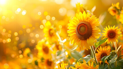 Fototapeta premium Beautiful sunflowers basking in golden sunlight with a soft focus background, ideal for nature and summer themes.