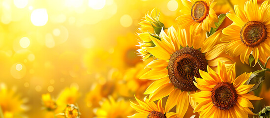 Obraz premium Bright yellow sunflowers in full bloom against a golden bokeh background, capturing the essence of summer and natural beauty.