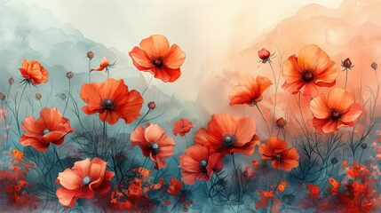 Obraz premium Beautiful digital art of vibrant red poppies in a dreamy, pastel-hued landscape, showcasing nature's beauty and artistic creativity.