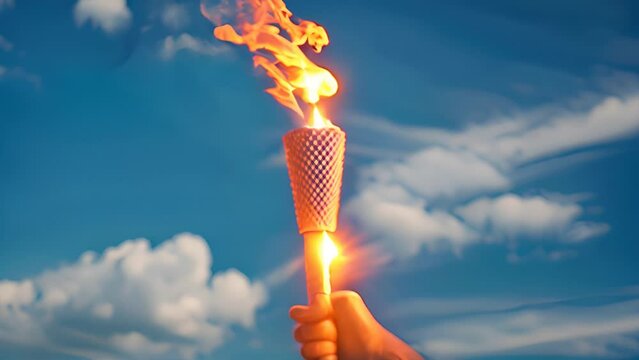 A man's muscular arm holds a torch with the Olympic flame, a blue sky background with clouds.generative ai