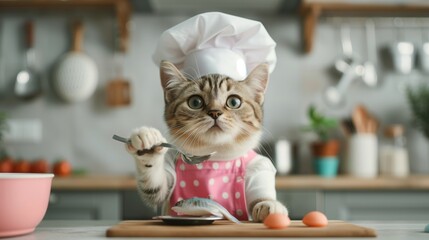 A cat wearing a chef's hat and apron cooks a small fish in a kitchen