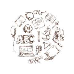 Back to School, hand drawn school supplies, sketch set in a circle. Doodle lettering and school object collection. Education Concept. Vintage sketch elements. Back to School.
